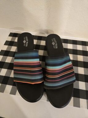 Crazy Train Black Slide Sandals with Multicolor Striped Band